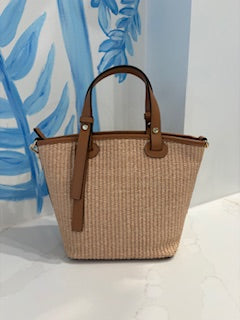 Medium Raffia Bucket Bag, Brown Trim