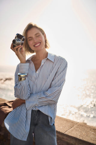 Tencel Stripe Print Boxy Blouse