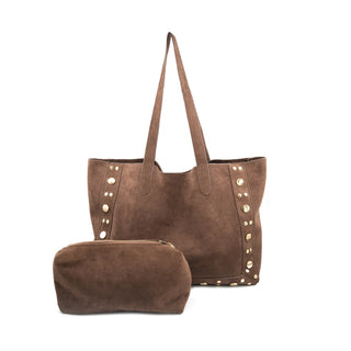 Chocolate Large Suede Tote with Studs