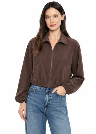 Mazie Faux Suede Zip Up Jacket in Chocolate