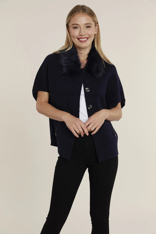 Navy Faux Fur Trim Cocoon Cardigan
