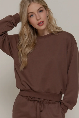 Brown Round Neck Long Sleeve Top