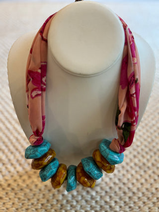 Turquoise Chunky with Flower Fabric Necklace