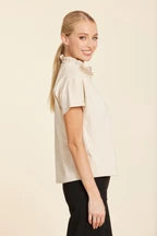 Beige Faux Suede Ruffle V Neck Top