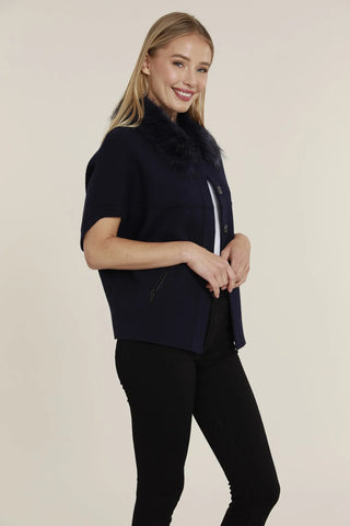 Navy Faux Fur Trim Cocoon Cardigan