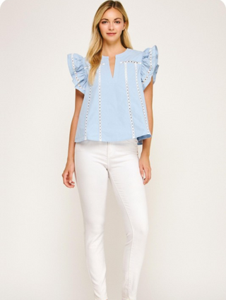 Blue Lace Trim Blouse