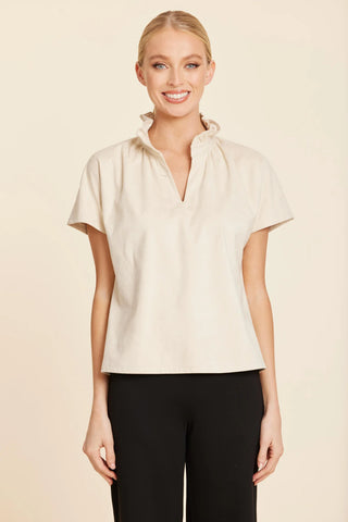 Beige Faux Suede Ruffle V Neck Top
