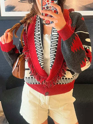 Red Fringe Cardigan Sweater