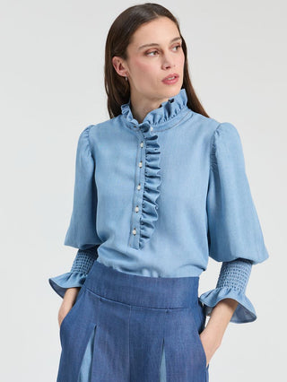 Chambray Ruffle Neck Top