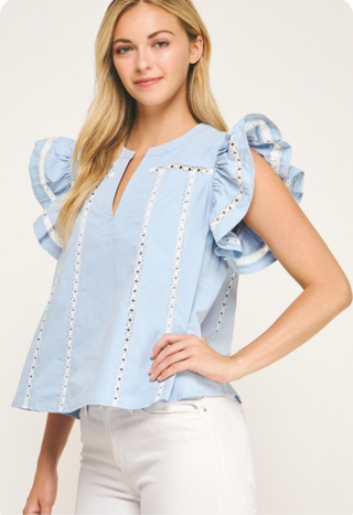 Chambray Lace Trim Poplin Blouse