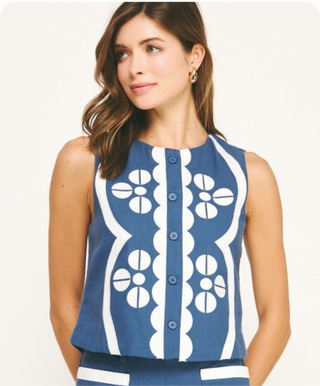 Blue & White Embroidery Vest Top
