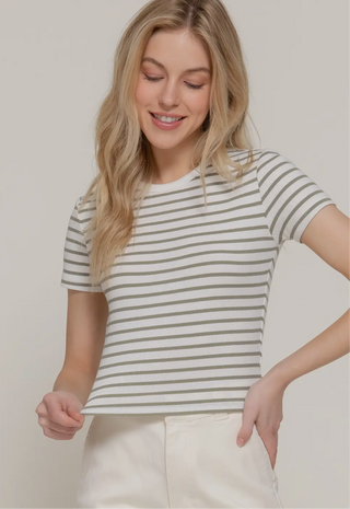 Olive Stripe Crew Short Sleeve Top