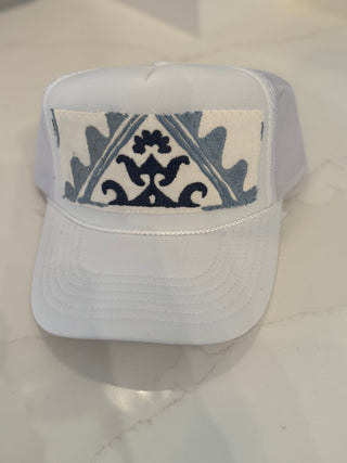 White Trucker Hat with Grey Kilim