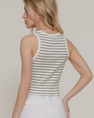 Olive Stripe Sleeveless Round Neck