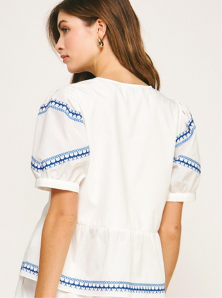 White & Blue Embroidery Top