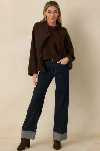 Sabrina Ruffle Cardigan in Chocolate Brown