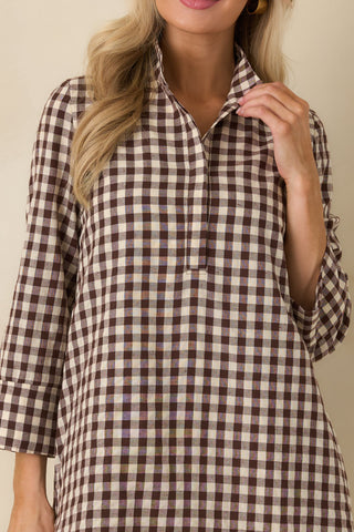 Savoy Shift Dress in Brown & Cream Check