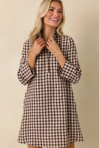 Savoy Shift Dress in Brown & Cream Check