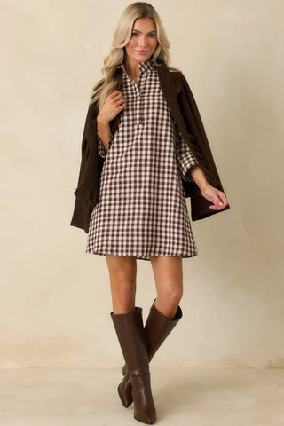 Savoy Shift Dress in Brown & Cream Check