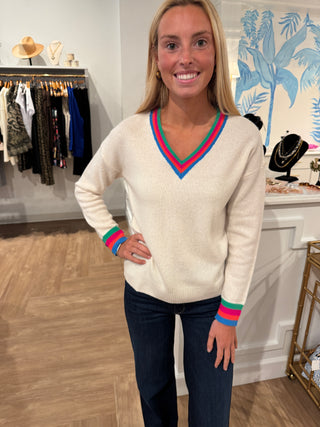 V Neck Ecru and Stripe Sweater
