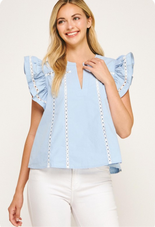 Blue Lace Trim Blouse