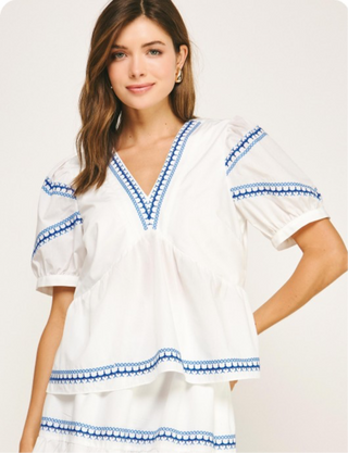 White with Blue Embroidery Top