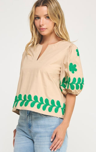 Taupe & Emerald Flower Top