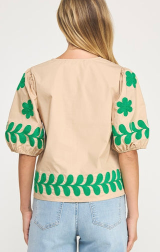 Taupe & Emerald Flower Top