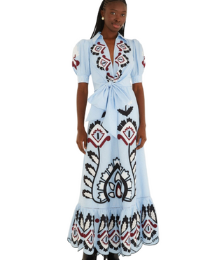 Blue Artisanal Short Sleeve Maxi Dress