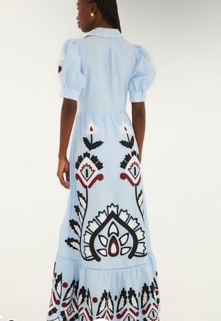 Blue Artisanal Short Sleeve Maxi Dress
