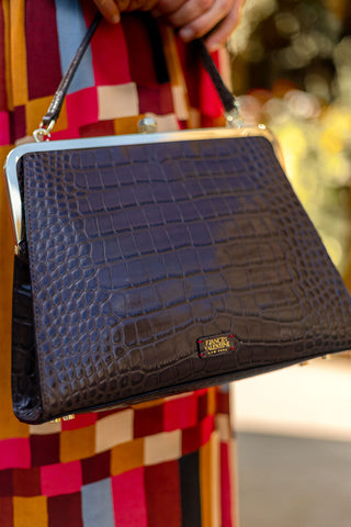 Jackie Frame Croc Emboss Leather Bag in Chocolate