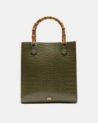 Nan Tote W/Bamboo Handle Croc Emboss Leather in Olive