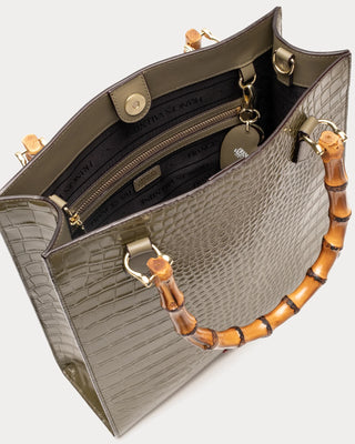 Nan Tote W/Bamboo Handle Croc Emboss Leather in Olive