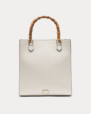 Nan Tote W/Bamboo Handle Croc Emboss Leather in Oyster