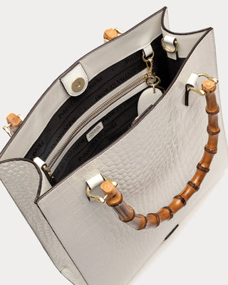 Nan Tote W/Bamboo Handle Croc Emboss Leather in Oyster