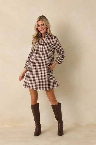 Savoy Shift Dress in Brown & Cream Check