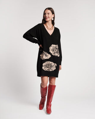 Skye V Neck Dress in Carefree Chrysanthemum Black/Camel