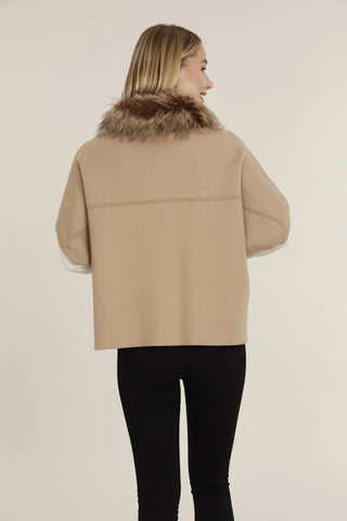 Camel Faux Fur Trim Cocoon Cardigan