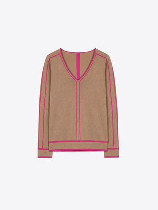 Camel Sweater with Fuchsia Piping
