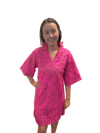 High Neck Tunic Dress, Pink Lace