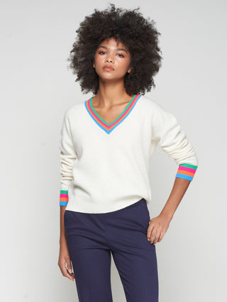 V Neck Ecru and Stripe Sweater