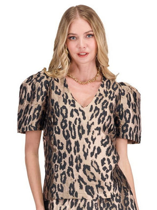 V Neck Puff Sleeve Top, Leopard