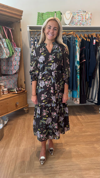 Ruffle V Neck Dress in Midnight Garden